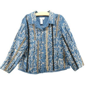 Coldwater Creek Womens Denim Button Up Shirt Multi Large Long Sleeve Embroidered